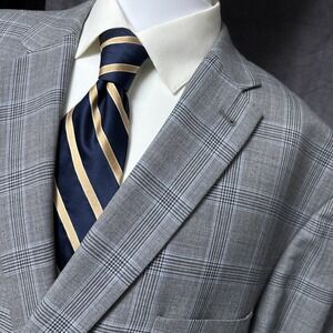 Joseph Abboud Sport Coat 58 Long Grey Blue Glen Check Wool Elbow Patches 56L